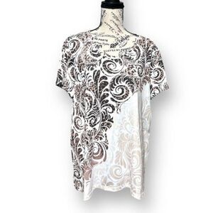 Chico's Zenergy 3 XL Brown White Scroll Top Beaded Stretch Knit Boho Blouse NWT